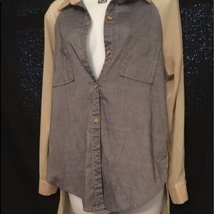 Denim & cream sheer long sleeve button up top